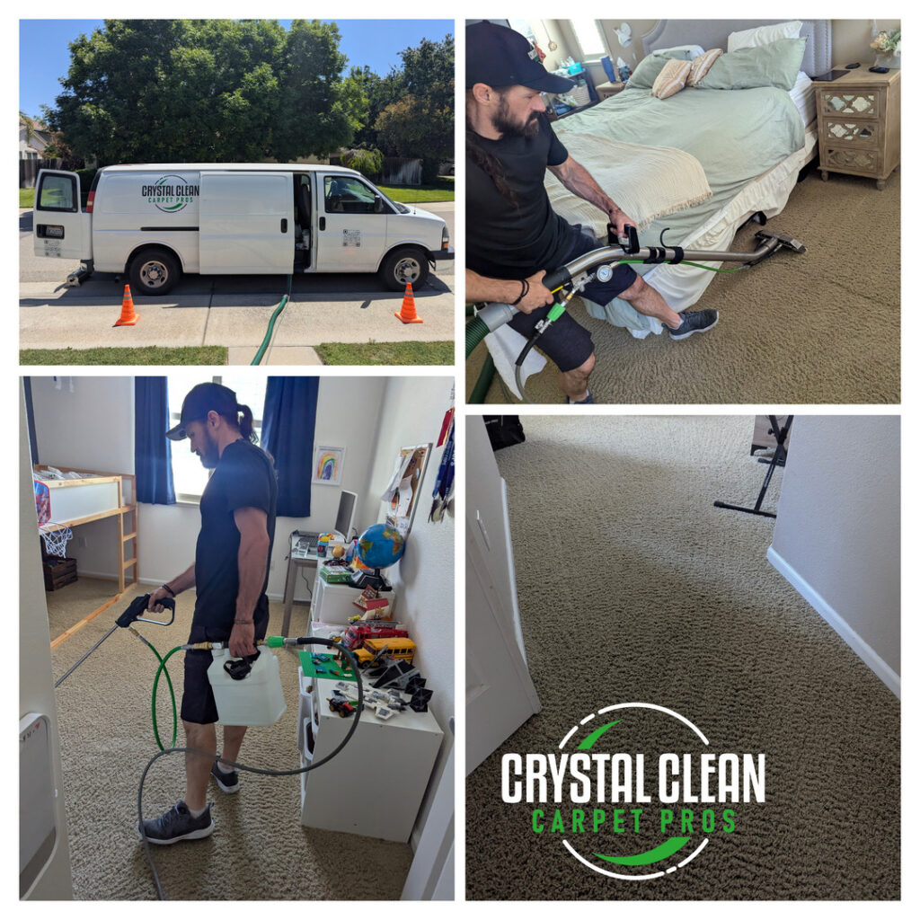 crystal clean carpet pros cleaning carpets using a professional machine in multiple rooms of a house