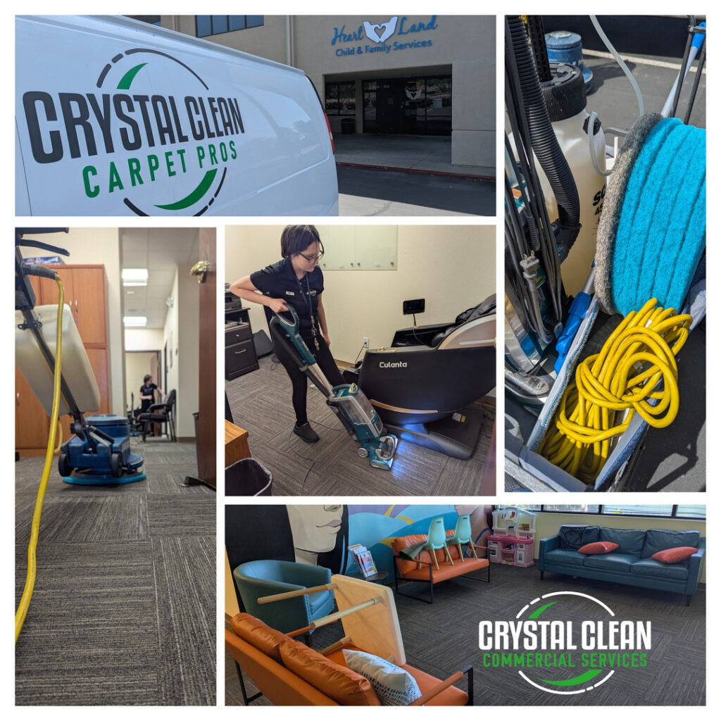 crystal clean carpet pros cleaning commercial carpets using specialized equipment in an office setting with various cleaning tools visible