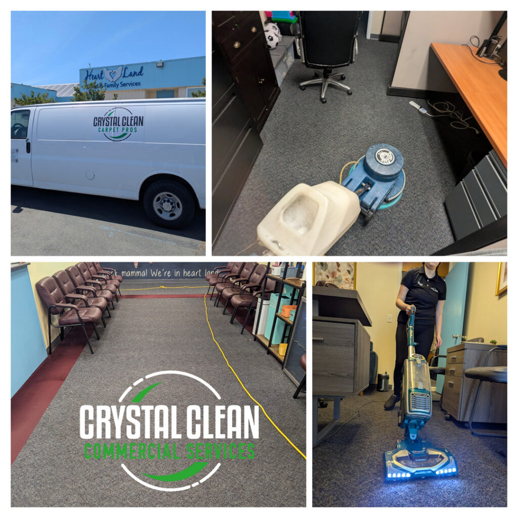 crystal clean carpet pros cleaning commercial carpets with machines in various office settings and using vacuums for maintenance