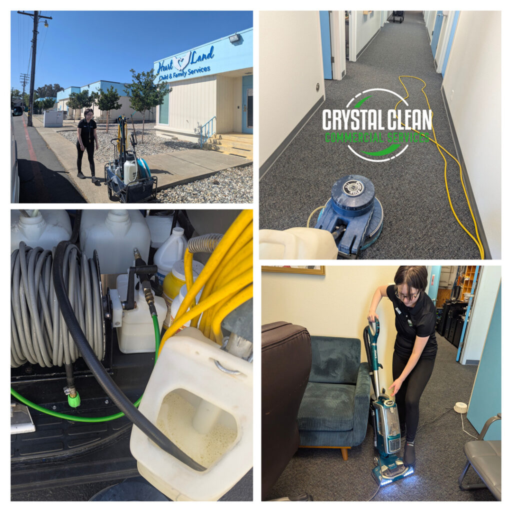 crystal clean carpet pros performing carpet cleaning in a hallway using professional equipment with a staff member operating a machine