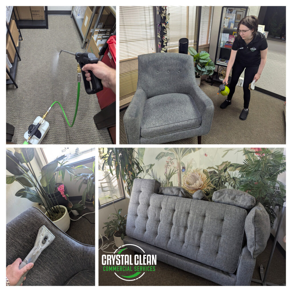 crystal clean carpet pros performing upholstery cleaning on gray chairs and sofas with specialized cleaning equipment