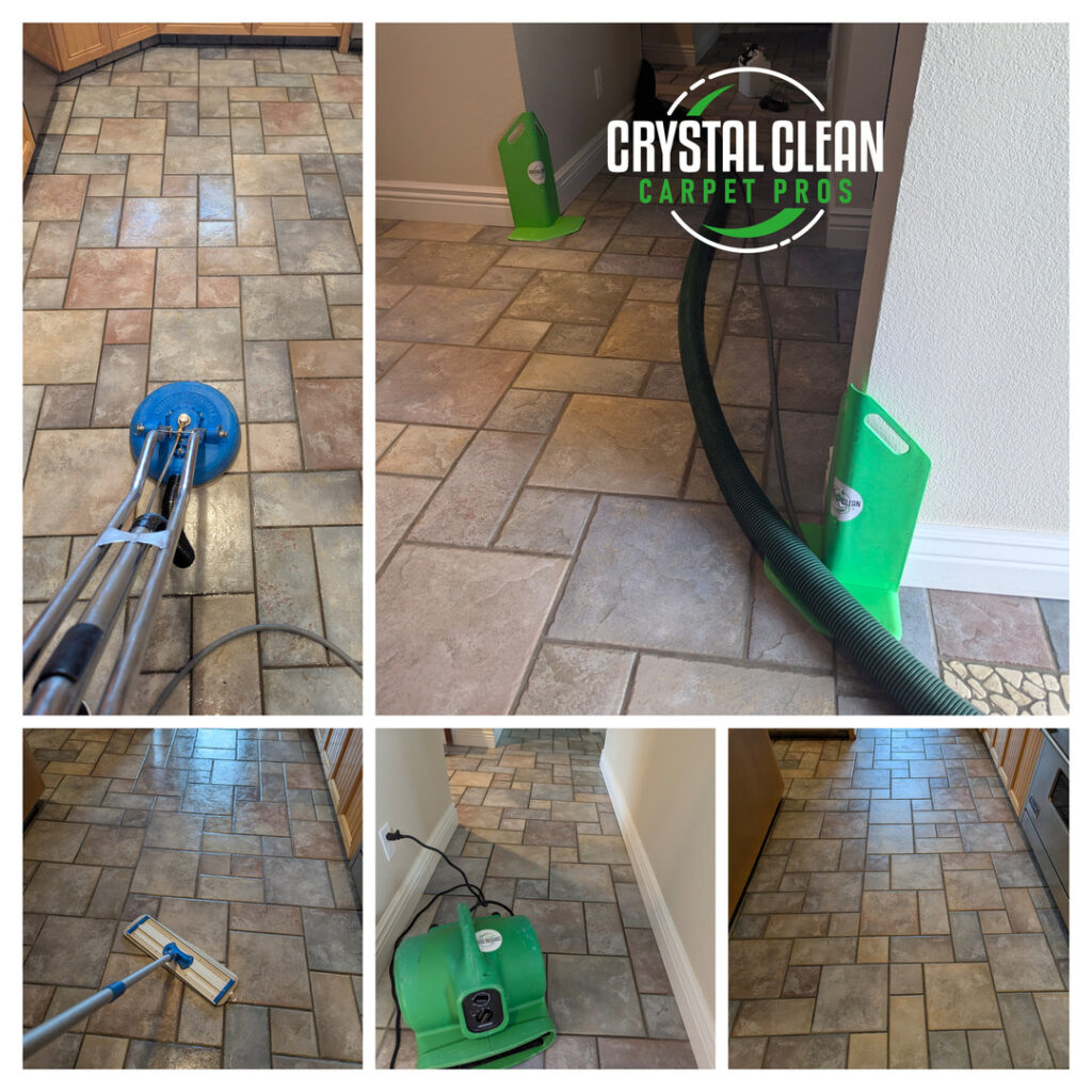 floor cleaning in progress using a rotary machine and drying equipment visible along with floor tiles and vacuum hose